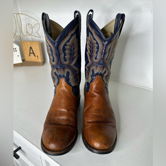 Ariat Two-Tone Western Cowboy Boots Women’s 8.5B – Brown & Navy Leather - Picture 2 of 8